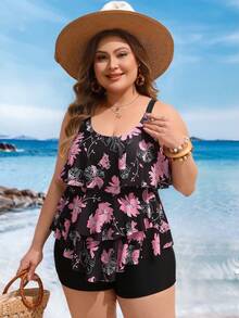 Swim Lushoire Plus Size Women 2pcs/Set Random Print Multi-Layer Ruffle Flattering Tummy Cover Beach Party Tankini Bikini Set Set - Black - View 5