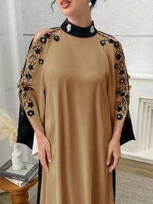 Al Najma Vestido casual de mujer con cuello alto, estilo árabe con aplicaciones - Caqui - Ver 3