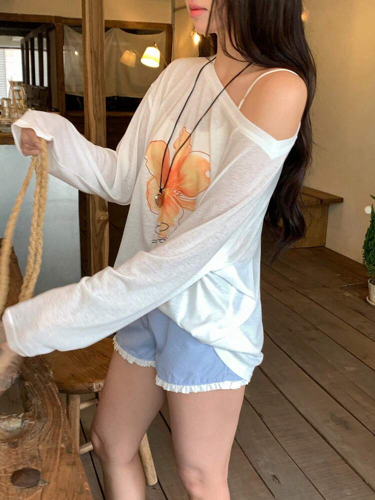 Women's Floral & Letter Print Oblique Shoulder Casual Versatile Daily Wear Long Sleeve T-Shirt Graphic Tees Women