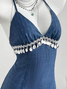 Elamini Women's Spaghetti Strap Backless Sleeveless Summer Fashion Tassel Dress - Royal Blue - View 4