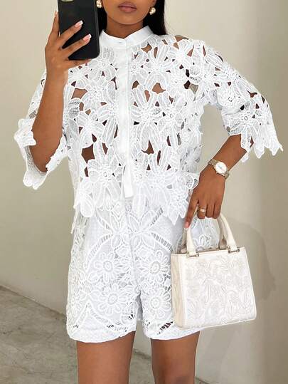 BamGleam Summer White Floral Embroidery Hollow-Out Splice Casual Elegant Blouse For Women