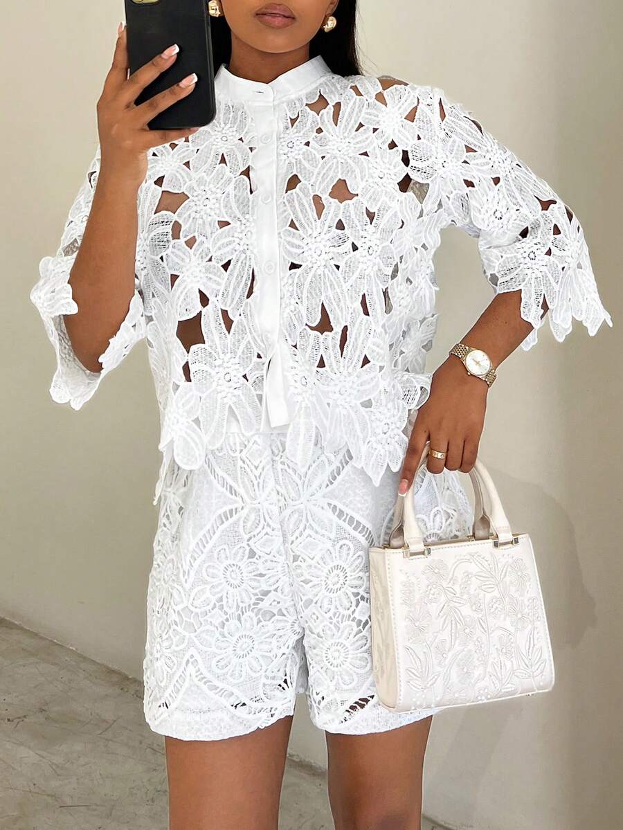 BamGleam 夏季白色花卉刺绣镂空拼接休闲优雅女式衬衫 - 白色 - 查看 1