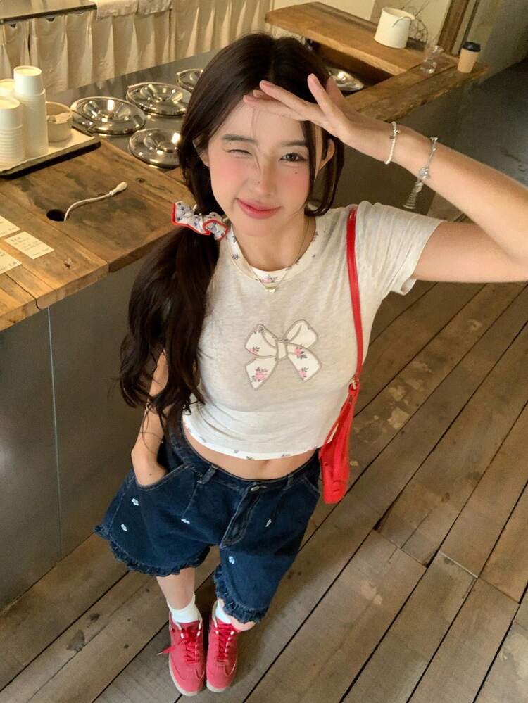Women's Round Neck Contrast Color Korean Style Bow Decor Elegant Short Sleeve T-Shirt Summer