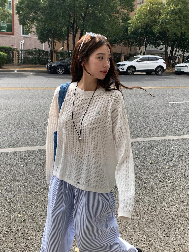 Women's Round Neck Sheer Long Sleeve Knit Top, Spring/Summer