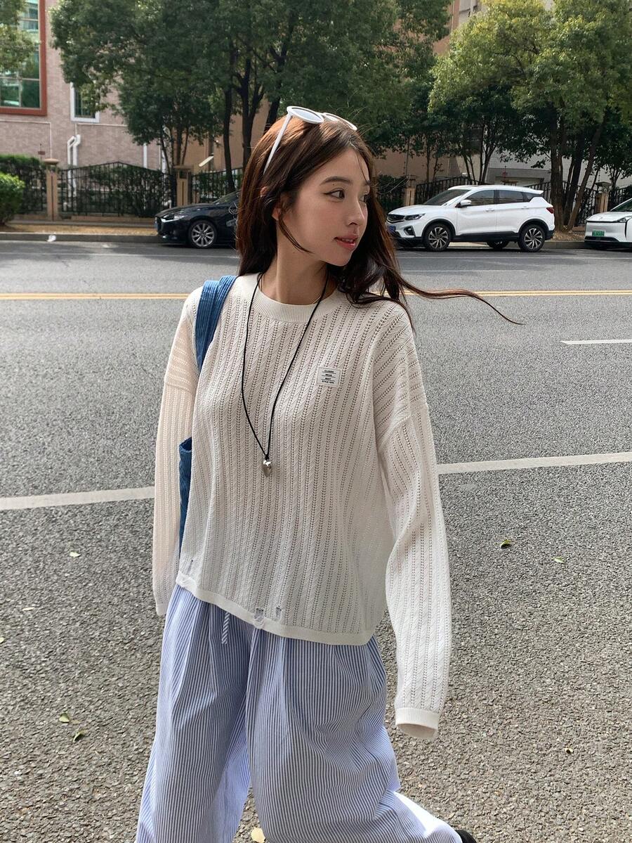 DAZY 女士圆领薄纱长袖针织上衣，春夏款 - 白色 - 查看 1