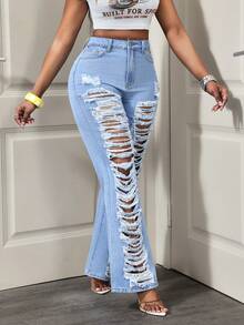 BamGleam Cowgirl Spring Women's Blue Non-Stretch Distressed Sexy Straight Leg Jeans - Light Wash - View 6
