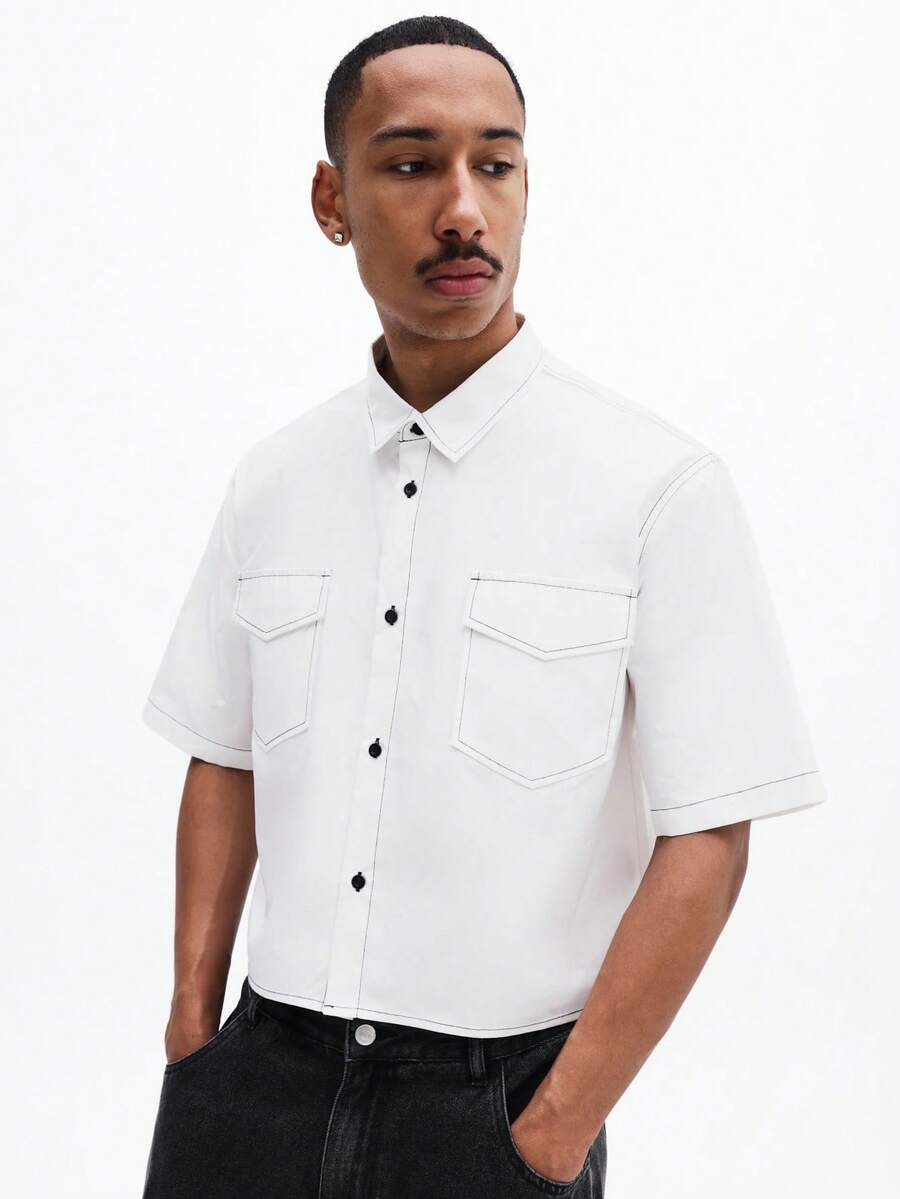 SUMWON Men's White Short Sleeve Button Up Shirt With Contrast Black Stitching Chest Pockets Collared Regular Fit Summer Casual Top - White - View 1