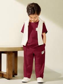 SHEIN Bộ quần áo 2 món cho bé trai, áo ngắn tay và quần dài, dễ phối đồ, thích hợp cho dã ngoại, đi học, tụ họp hàng ngày, mùa xuân/hè. - Màu Đỏ Sâu - Xem 5