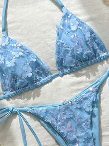 Costavie Bộ bikini hai mảnh Swim MOD họa tiết hoa đính sequin, màu xanh dương, thích hợp cho kỳ nghỉ xuân/hè ở bãi biển. Bộ bikini kiểu Brazil, bộ bikini phong cách Boho, bộ bikini móc len, bộ bikini buộc dây, bộ đồ hai mảnh cho nữ, đồ bơi, bộ trang phục đi nghỉ mát cho nữ, bộ bikini nữ, bộ đồ bơi nữ, bộ đồ hai mảnh mùa hè cho nữ. - Màu xanh lam - Xem 5