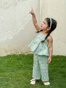 SHEIN LMoss Kids 女婴可爱碎花吊带背心和松紧腰裤套装，夏季 - 綠色 - 查看 3