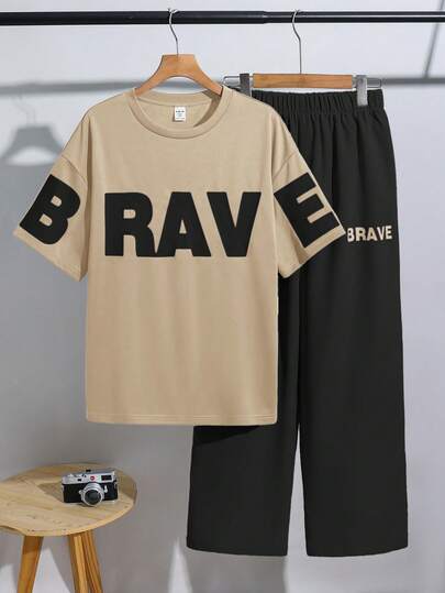 SHEIN 2pcs/Set Teen Boys Casual College Style Blue Casual Minimalist Letter Print Crew Neck Pullover Outfit, Suitable For Summer, Sports, Running, Outdoor, Suitable For School, Home, Daily Wear, Sports, Versatile & Minimalist