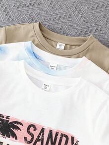 SHEIN 6件套男童休闲宽松扎染棕榈树图案圆领针织短袖上衣和短裤套装，适合通勤、上学、日常休闲、运动、春夏、海滩度假等场合。 - 卡其色 - 查看 4
