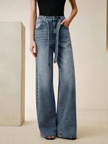 Anewsta New Arrival Rhinestone Embellished Women's Blue Straight Leg Jeans - Blue - View 5