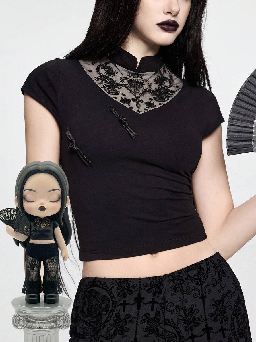 ROMWE Dark Academia Gothic Embroidered Scorpion Women T-Shirt - Black - View 1