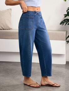 Breezaya 女士休闲水洗抽绳腰胡萝卜牛仔裤 - 深色水洗藍 - 查看 4