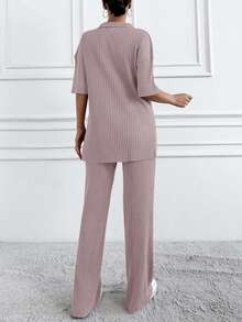 EURMUSE Cotton Two Pieces Set Polo Neck Top And Pant Set Rib Knit Fabric - Baby Pink - View 2