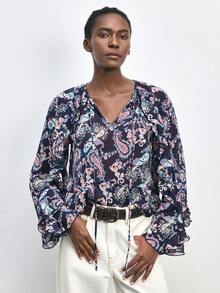 Maija Navy Blue Paisley Pattern Ruffle Hem Loose Vacation Blouse For Women Beach Outfits Beach Outfits Boho Blouses Silk Blouse Floral Blouse Women Blouses Summer Spring Summer Paisley Print Blouse Boho Shirt - Multicolor - View 8