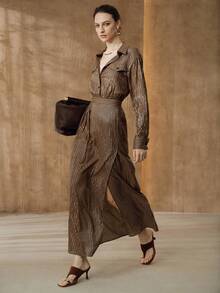 Arave Women's Woven Cotton Blend Metallic Silver Thread Fabric Shirt Collar Small Drop Shoulder Long Sleeve Cinched Waist Full Button Design Casual Long Dress - Coffee Brown - View 2