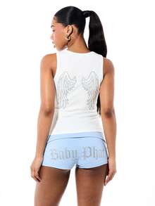 BABYPHAT Débardeur côtelé pour femmes avec design d'ailes d'ange, débardeur d'été décontracté sans manches, col en U, top blanc ajusté - Blanc - Voir 2