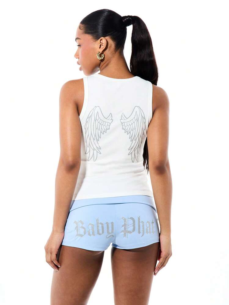 BABYPHAT Women's Ribbed Tank Top With Angel Wing Design Sleeveless Casual Summer Tank Top Scoop Neck Fitted White Top