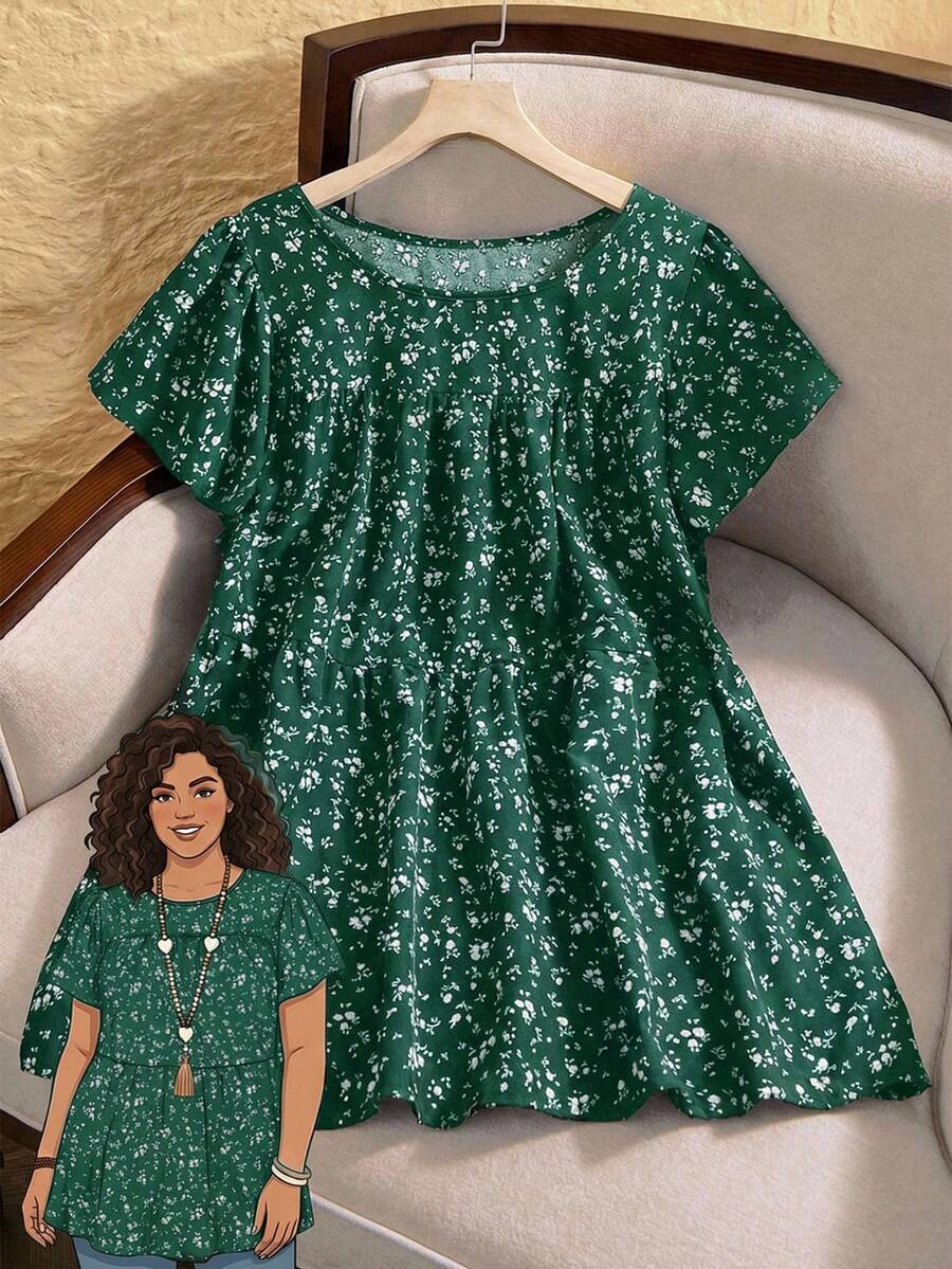 Rusticease Camisa informal de talla grande con estampado floral diminuto de verano - Verde - Ver 1