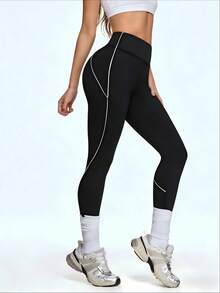 Eassivo Eassivo Quần legging thể thao ôm sát, cạp cao, thoải mái, thoáng khí, phối màu tương phản. - màu đen - Xem 3
