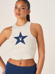 Missguided x Playboy Logo Star Applique Racerback Tank Top Crop Length Sleeveless Graphic Tank Top Casual Summer Spring Streetwear - Light Grey - View 5