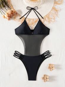 Swim SXY 1件纯黑色针织露背系带侧抽绳女士连体泳衣 - 黑色 - 查看 4