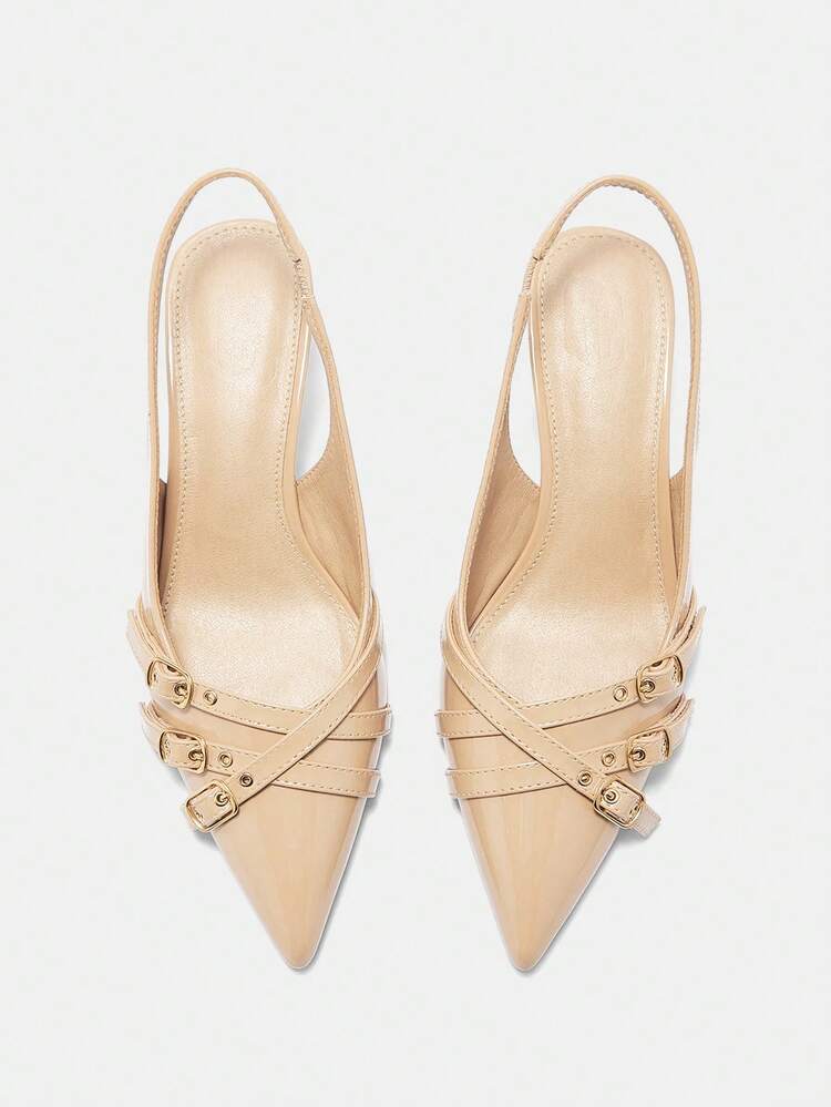 CUCCOO CURVES Women Shoes Wide Fit Fashion Pointed Thin High Heel Apricot Multi-Strip Belt Buckle Slingback Women's Shoes Simple Classic Daily Comfort Fattened High Heel Women's Shoes Plus Size