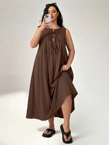 Auralis 大码纯色圆领扭结休闲无袖连衣裙 - 咖啡棕 - 查看 5