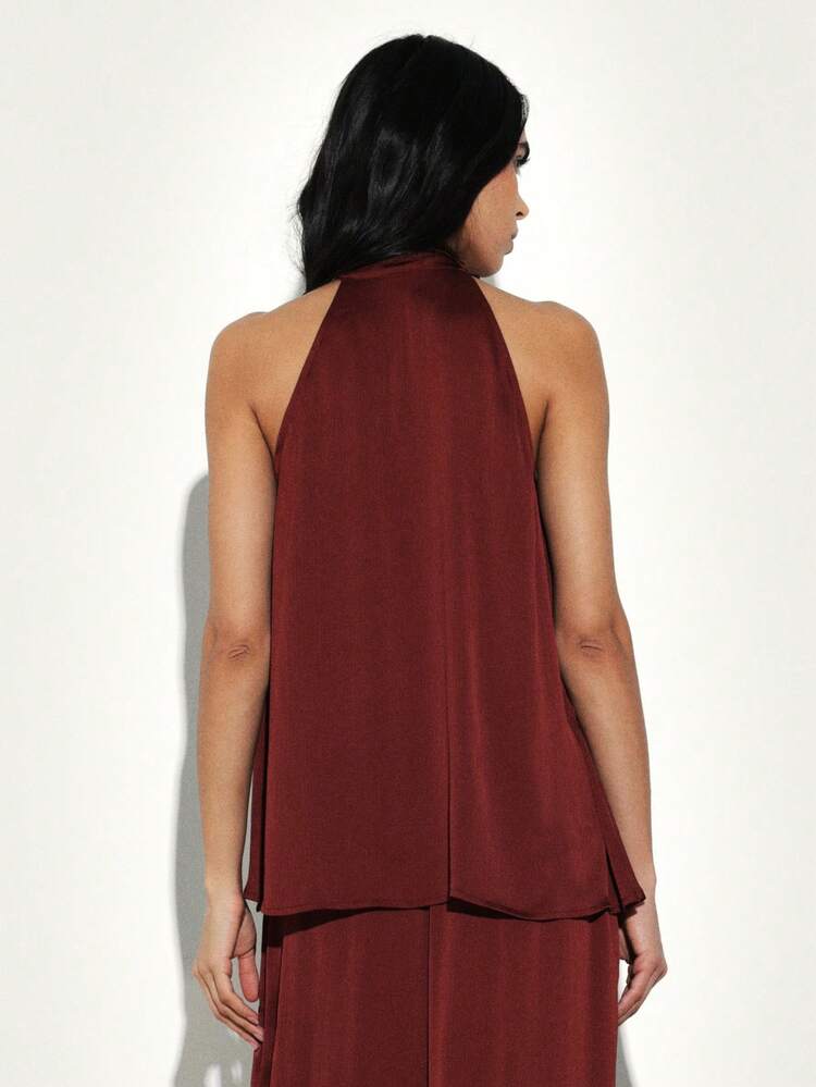 KSTM Débardeur à col ras-du-cou et nœud papillon bordeaux, sans manches, pour soirée décontractée chic