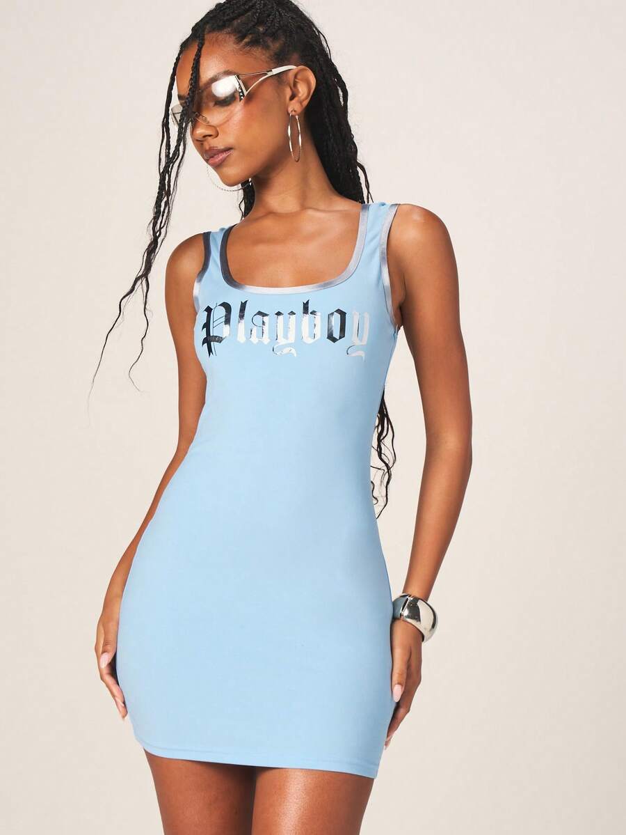 Missguided x Playboy Graphic Text Mini Bodycon Dress Square Neck Sleeveless Summer Tank Style Casual Party - Blue - View 1