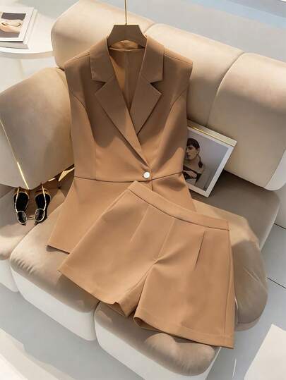 EMERY ROSE 2026春夏新款女士休闲/办公/度假金属扣装饰无袖短裤套装