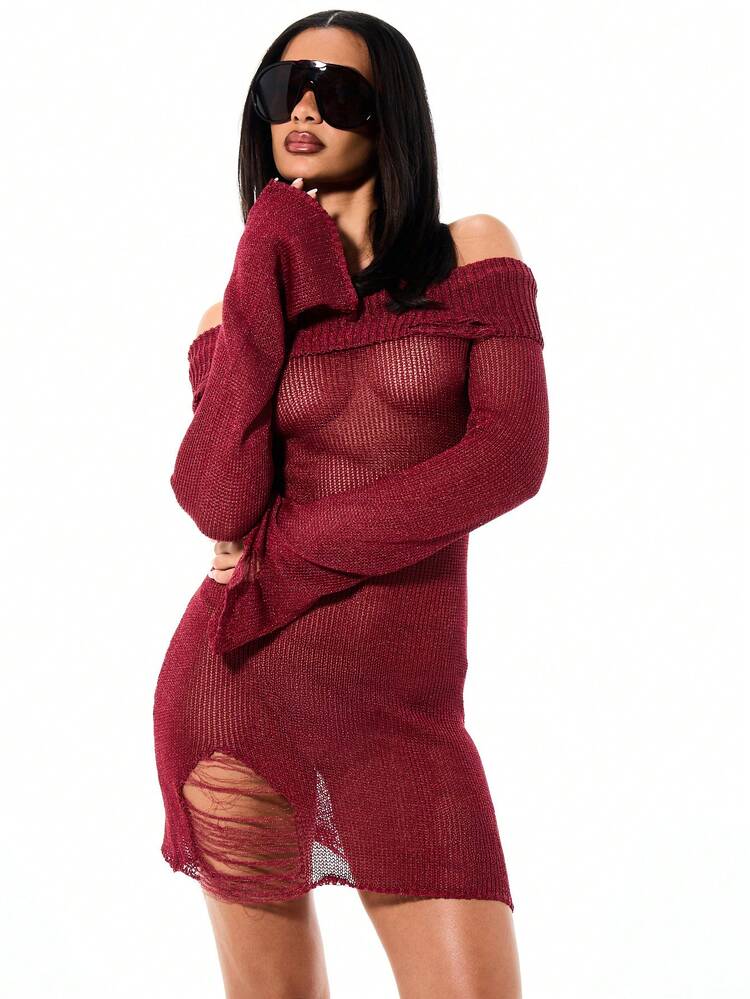 SUMWON WOMEN Burgundy Off Shoulder Crochet Knit Mini Dress