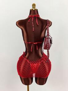 Amplova Women's Swimwear Set,Shiny Bikini With Mesh Cover-Up,Red,Summer,Beach Party,Rave,Avant-Garde Bathing Suit For Holiday,Music Festival Outfits - Red - View 2