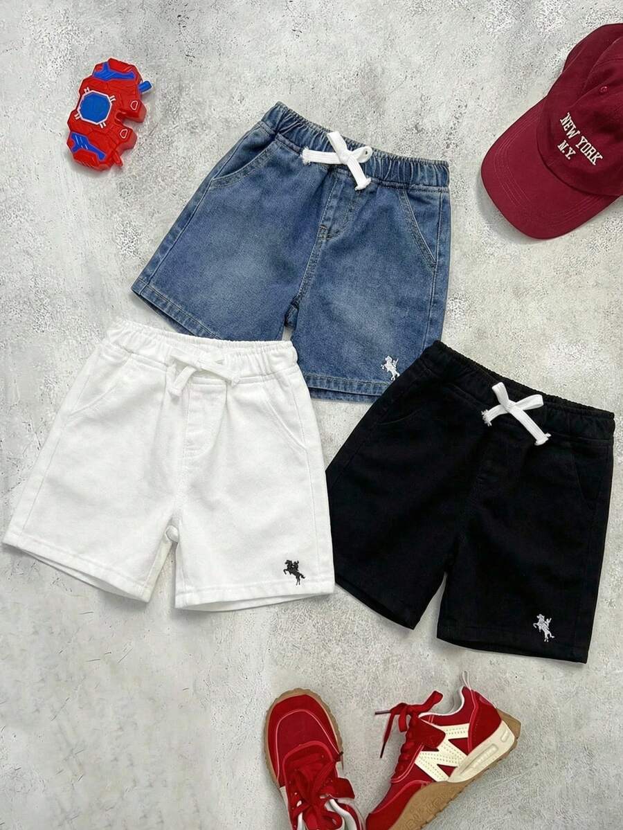 SHEIN 3件套男童新款时尚休闲柔软棉质黑色、白色和蓝色牛仔短裤，牛仔骑士刺绣图案，抽绳腰带宽松版型，春夏款 - 彩色 - 查看 1