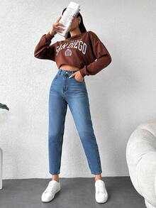 SHEIN Cottnline 女日常休閒九分牛仔褲 - 中等水洗藍 - 查看 5