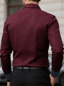 Manfinity Mode 男士休闲商务格子拼接单排扣长袖衬衫 - 酒紅色 - 查看 2