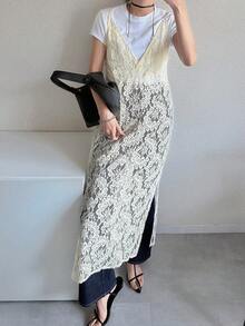 FRIFUL 女士轻薄透视蕾丝罩衫休闲连衣裙，侧开衩，宽松版型，适合春夏穿着 - 米色 - 查看 6