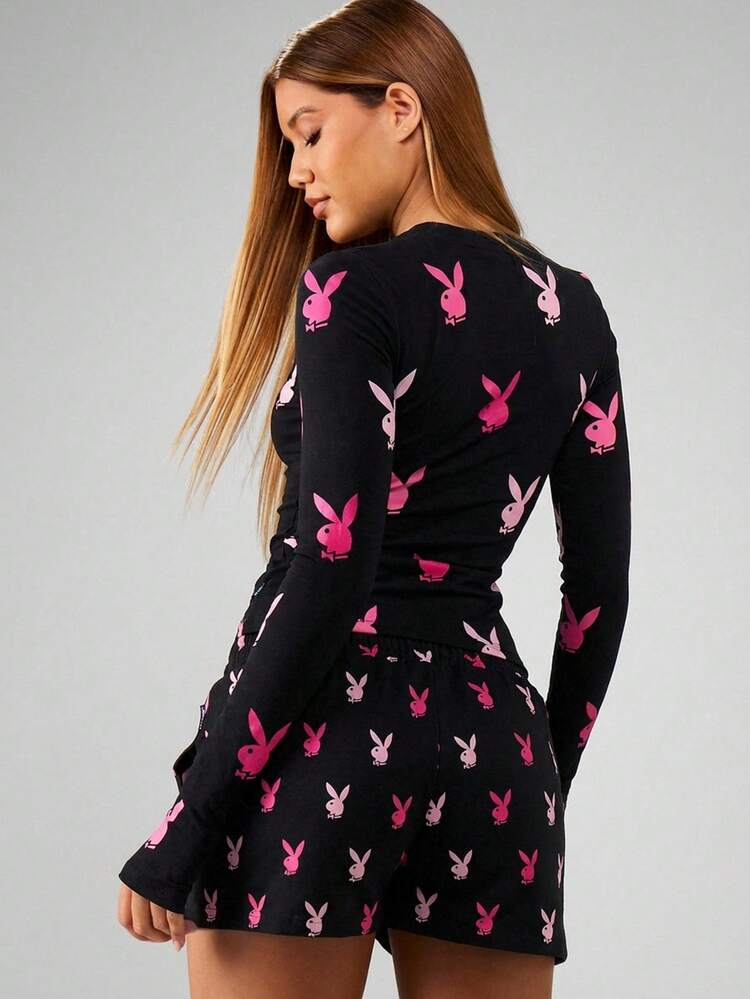 Missguided x Playboy Women Bunny Print Drawstring Jogger Shorts Black Pink Casual Lounge Sleepwear Comfortable Elastic Waist