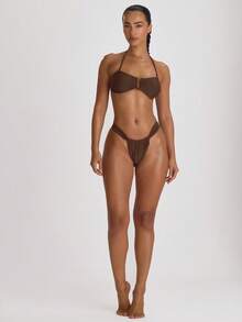 Musera Resort 厚肩带褶皱性感比基尼泳裤，适合度假、夏季旅行、海滩度假等场合，纯色泳装，休闲百搭。 - 棕色 - 查看 5