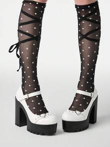 ROMWE Kawaii 女士性感酒红色铆钉双带厚底高跟鞋，春秋季时尚闭趾铆钉心形搭扣高跟鞋，夜店派对厚底防水粗跟玛丽珍鞋，圣诞节 - 糯米白色 - 查看 4