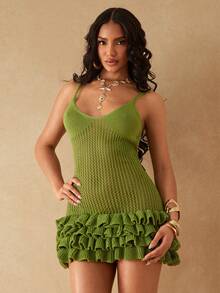 Silquee Vestido camisola casual de unicolor con volantes y diseño hueco como cubierta - Verde - Ver 6