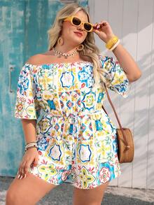 Vivid Eden 大码波西米亚风露肩宽松腰短款连体裤，适合休闲度假穿着 - 黃色 - 查看 4