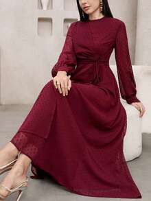 Veilorie New Design Wrap-Style Cinched Waist Romantic Flowy Elegant Vacation Dress - Burgundy - View 1