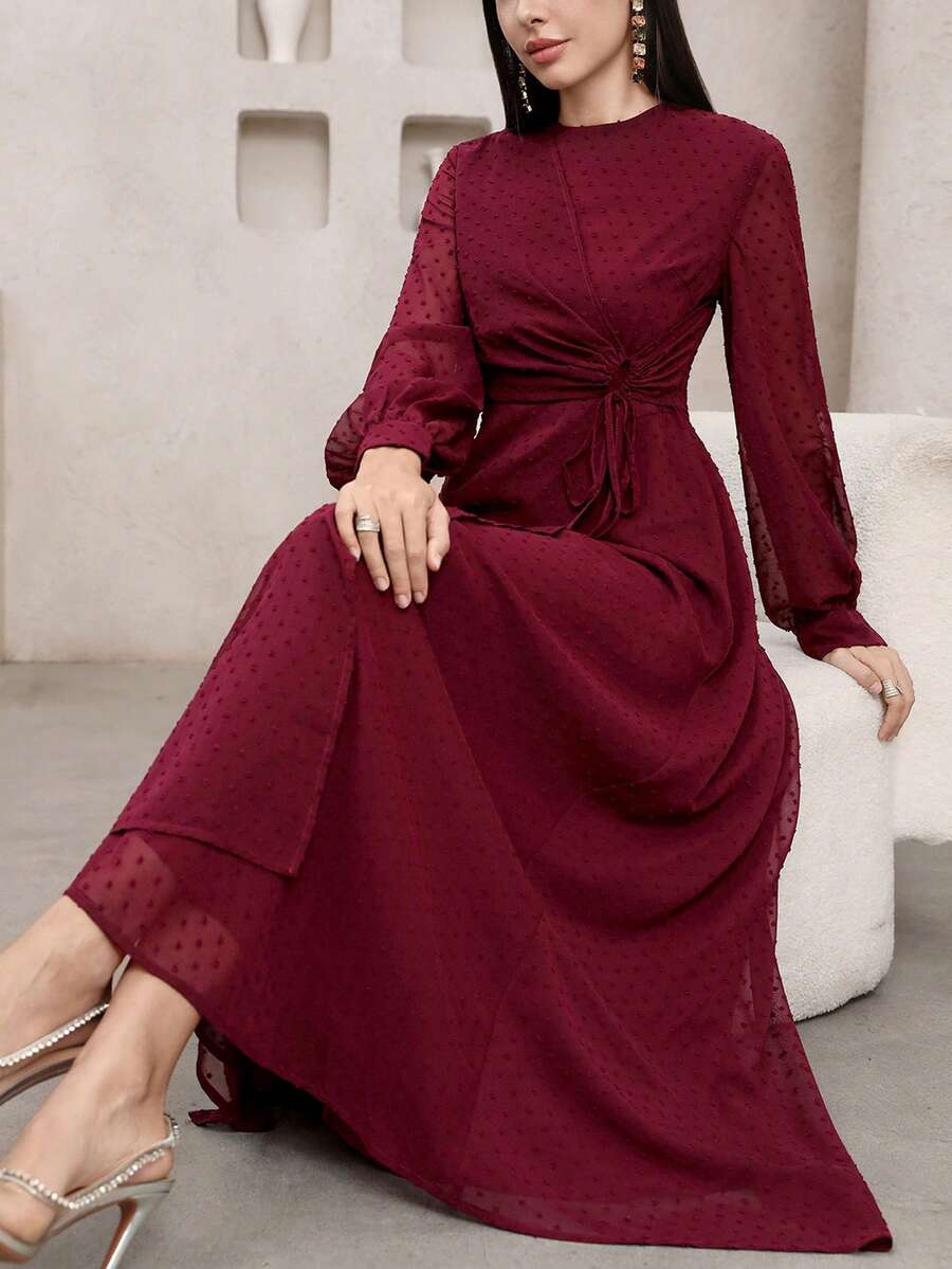 Veilorie New Design Wrap-Style Cinched Waist Romantic Flowy Elegant Vacation Dress - Burgundy - View 1