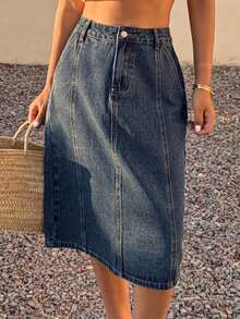 DAZY Women's Pocket Straight Loose Casual Versatile Denim Skirt - Blue - View 4