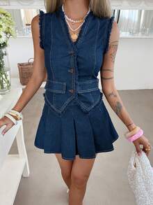 DAZY 女士夏季V领无袖流苏腰开衫搭配短款牛仔裙休闲套装 - 深色水洗藍 - 查看 3