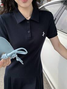 DAZY 女士刺绣半开襟纽扣休闲短袖迷你连衣裙 - 藏蓝色 - 查看 6