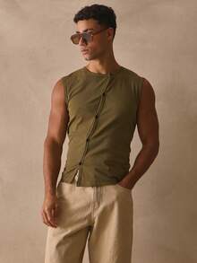 Musero Crew Neck Sleeveless Vest Style Top Asym Button Through Detailing Tank Top Spring Summer Essentials Beach Wear - Green - View 2